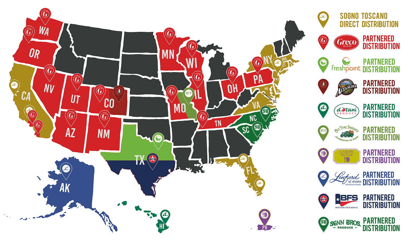 Map of Sogno Toscano direct and partnered distribution across the United States